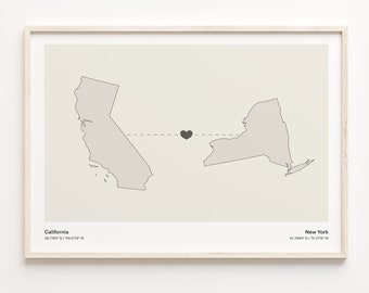 California to New York Print, New Yorker Gift, Minimalistic State Connection Map Poster, Travel Wall Art, Farewell Gift, C21-1229