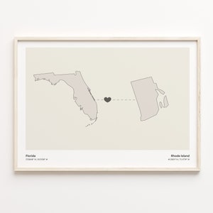 Florida naar Rhode Island Print, Rhode Islander Gift, Minimalistische State Connection Map Poster, Travel Wall Art, Emigratie, C21-1339