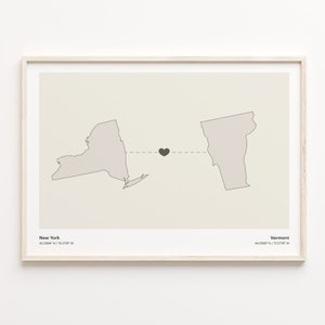 New York to Vermont Print, Vermonter Geschenk, Minimalistische Verbindungskarte Poster, Reise Wandkunst, Umzugskarte, C21-1398