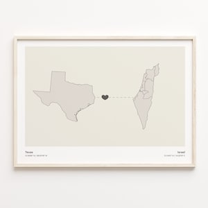 Texas, Israel Print, Israelisches Geschenk, Minimalistische Verbindungskarte Poster, Reise-Wandkunst, Expat-Karte, C21-1746