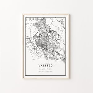 Vallejo Print, City Map Art Poster, California CA USA, Wall Art Decor, Estilo moderno en blanco y negro, Decoración escandinava, C13-19