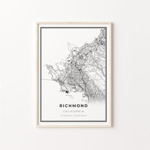 Richmond Print, City Map Art Poster, California CA USA, Wall Art Decor, Modern Black and White Style, City Map Art, C13-48