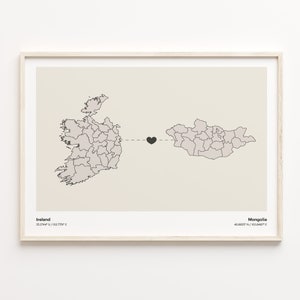 Irland-Mongolei-Druck, Moldawien-Geschenk, minimalistisches Landverbindungskarten-Poster, Reise-Wandkunst, Länderherz, C21-1117
