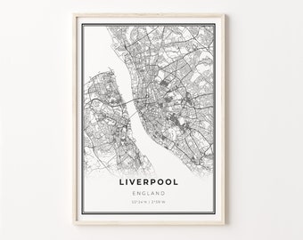 Liverpool City Map Print: Modern Black and White Wall Art