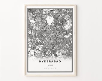 Impresión de Hyderabad, cartel de arte del mapa de la ciudad, India, decoración de arte de la pared, estilo moderno en blanco y negro, cartel de la sala de estar, C13-702