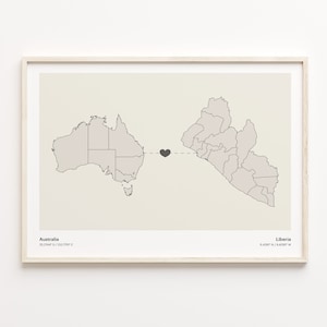 Australia to Liberia Print, Basotho Gift, Minimalistic Country Connection Map Poster, Travel Wall Art, Travel Abroad Gift, C21-899