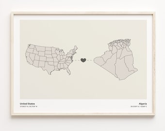 United States to Algeria Print, Algerian Gift, Minimalistic Country Connection Map Poster, USA Wall Art, Moving Abroad Map, C21-3