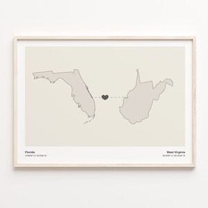 Florida naar West Virginia Print, West Virginian Gift, Minimalistische State Connection Map Poster, Travel Wall Art, Expat Gift, C21-1349