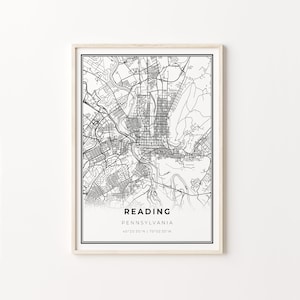 Reading Print, City Map Art Poster, Pennsylvania PA USA, Wall Art Decor, Moderne Zwart-Wit Stijl, Office Gift Collega, C13-116