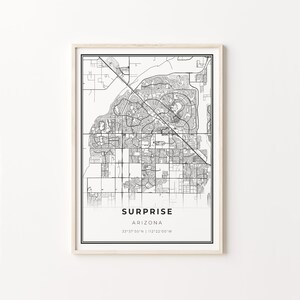 Surprise Print, Stadt Karte Kunst Poster, Arizona AZ USA, Wand Kunst Dekor, Modern Schwarz Weiß Stil, Schlafzimmer Dekor, C13-91
