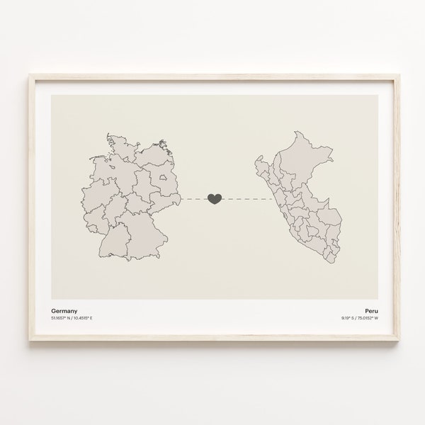 Germany to Peru Print, Paraguayan Gift, Minimalistic Country Connection Map Poster, Travel Wall Art, New Country, C21-541