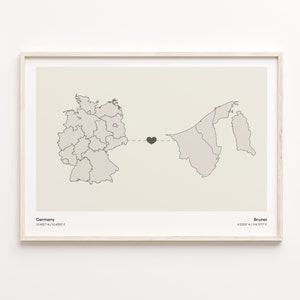 Deutschland Brunei Print, Brunei Geschenk, Minimalistische Landkarte Poster, Reisewandkunst, Länder Herz, C21-424