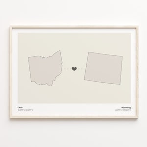 Ohio to Wyoming Print, Wyomingite Gift, Minimalistic State Connection Map Poster, Travel Wall Art, Live Abroad, C21-1558