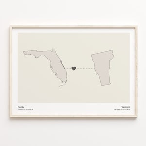 Florida naar Vermont Print, Vermonter Gift, Minimalistische State Connection Map Poster, Travel Wall Art, Relatiegeschenk, C21-1346