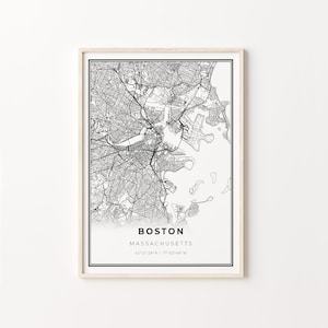 Impressão de Boston, pôster de arte de mapa da cidade, Massachusetts MA EUA, decoração de arte de parede, estilo moderno em preto e branco, pôster de entrada, C13-387