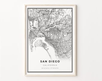 San Diego Print, City Map Art Poster, California CA USA, Wall Art Decor, Modern Black and White Style, Bedroom Wall Decor, C13-92