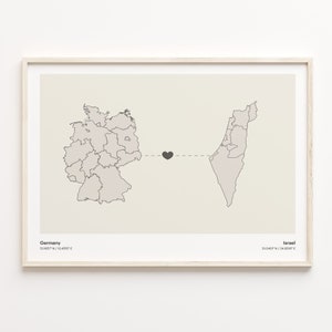 Germany to Israel Print, Manx Gift, Minimalistic Country Connection Map Poster, Travel Wall Art, Welcome Home Gift, C21-485
