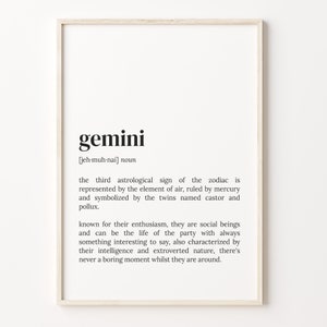 Gemini Definition Print, Dictionary Poster, Quote Wall Art, Gemini Funny Art, Zodiac Sign Gift, Astrological Sign, C17-174