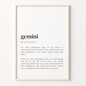 Gemini Definition Print, Dictionary Poster, Quote Wall Art, Gemini Funny Art, Zodiac Sign Gift, Astrological Sign, C17-174