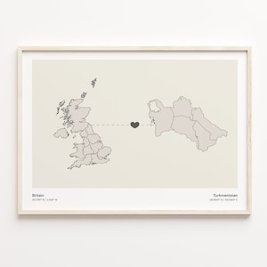 Britain to Turkmenistan Print, Turkmen Gift, Minimalistic Country Connection Map Poster, United Kingdom Art, Welcome Home, C21-385