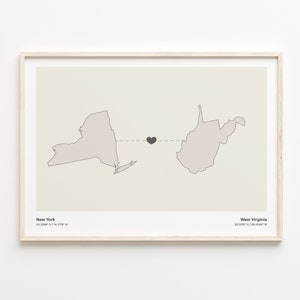 New York to West Virginia Druck, West Virginia Geschenk, Minimalistische Karte Poster, Reise Wandkunst, Bewegliche Überseekarte, C21-1401