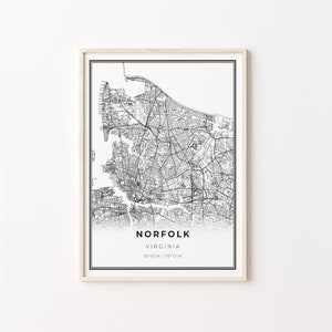 Norfolk Print, Stadt Karte Kunst Poster, Virginia VA USA, Wand Kunst Dekor, Schwarz Weiß Stil, Geburtstagsgeschenke, C13-322