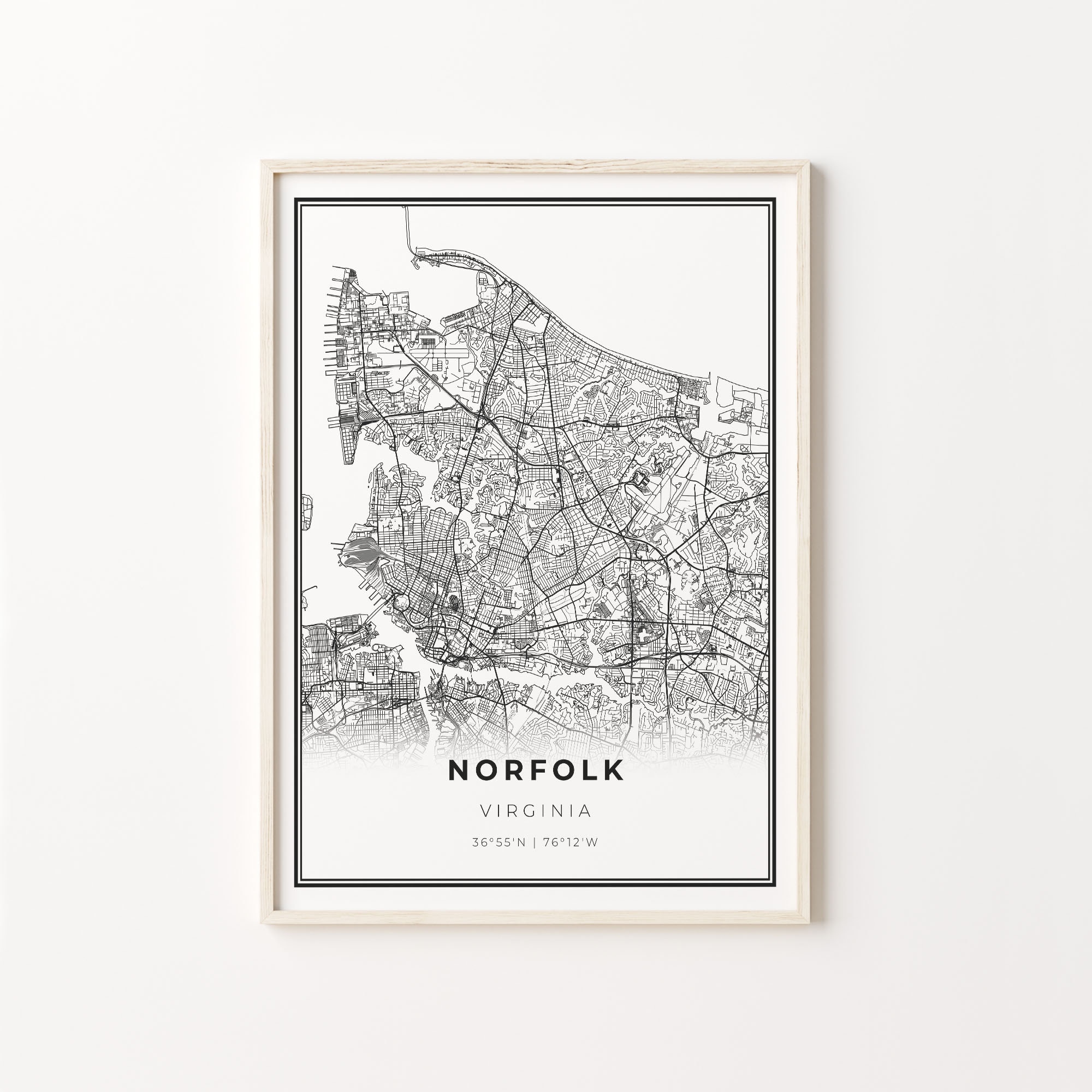 Norfolk Print, City Map Art Poster, Virginia VA USA, Wall Art Decor, Modern Black and White Style, Birthday Gifts, C13-322