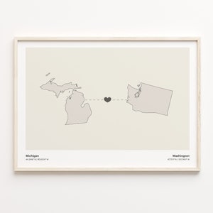 Michigan to Washington Print, Washingtonian Gift, Minimalistic State Connection Map Poster, Travel Wall Art, Countries Heart, C21-1711