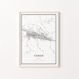 May include: Black and white line art map of Cusco, Peru. The map shows the city's streets and surrounding area. The text "CUSCO" and "PERU" are printed below the map, along with the coordinates "13°31'30"S | 71°58'20"W".