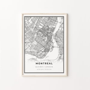 Impression de Montréal, affiche d'art de carte de la ville, Québec QC Canada, déco murale d'art, style moderne noir et blanc, décoration murale d'entrée, C13-725