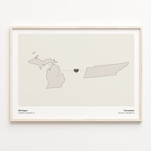 Michigan to Tennessee Print, Tennessean Gift, Minimalistic State Connection Map Poster, Travel Wall Art, Global Love Gift, C21-1706