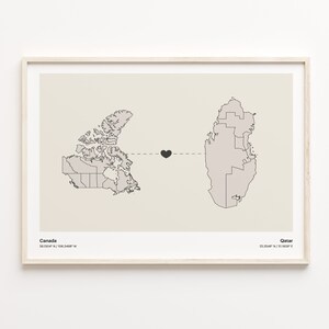 Kanada nach Katar Druck, puerto-ricanisches Geschenk, minimalistisches Landverbindungskarten-Poster, Reise-Wandkunst, Auswanderung, C21-745