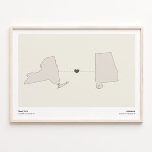 New York to Alabama Poster, Alabama Geschenk, Minimalistische State Verbindung Karte Poster, Reise Wandkunst, LDR Geschenk, C21-1352