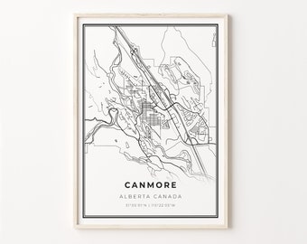 Canmore Print, City Map Art Poster, Alberta AB Canada, Wall Art Decor, Modern Black and White Style, Gift For The Boss, C13-527