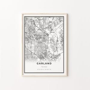 Garland Print, City Map Art Poster, Texas TX USA, Wall Art Decor, Estilo moderno en blanco y negro, Decoración escandinava, C13-304