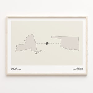 New York to Oklahoma Druck, Oklahoma Geschenk, Minimalistische Verbindungskarte Poster, Reise Wandkunst, Umzug ins Ausland, C21-1387
