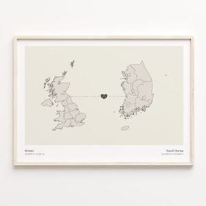 Britain to South Korea Print, South Korean Gift, Minimalistic Country Connection Map Poster, United Kingdom Art, Goodbye Gift, C21-368
