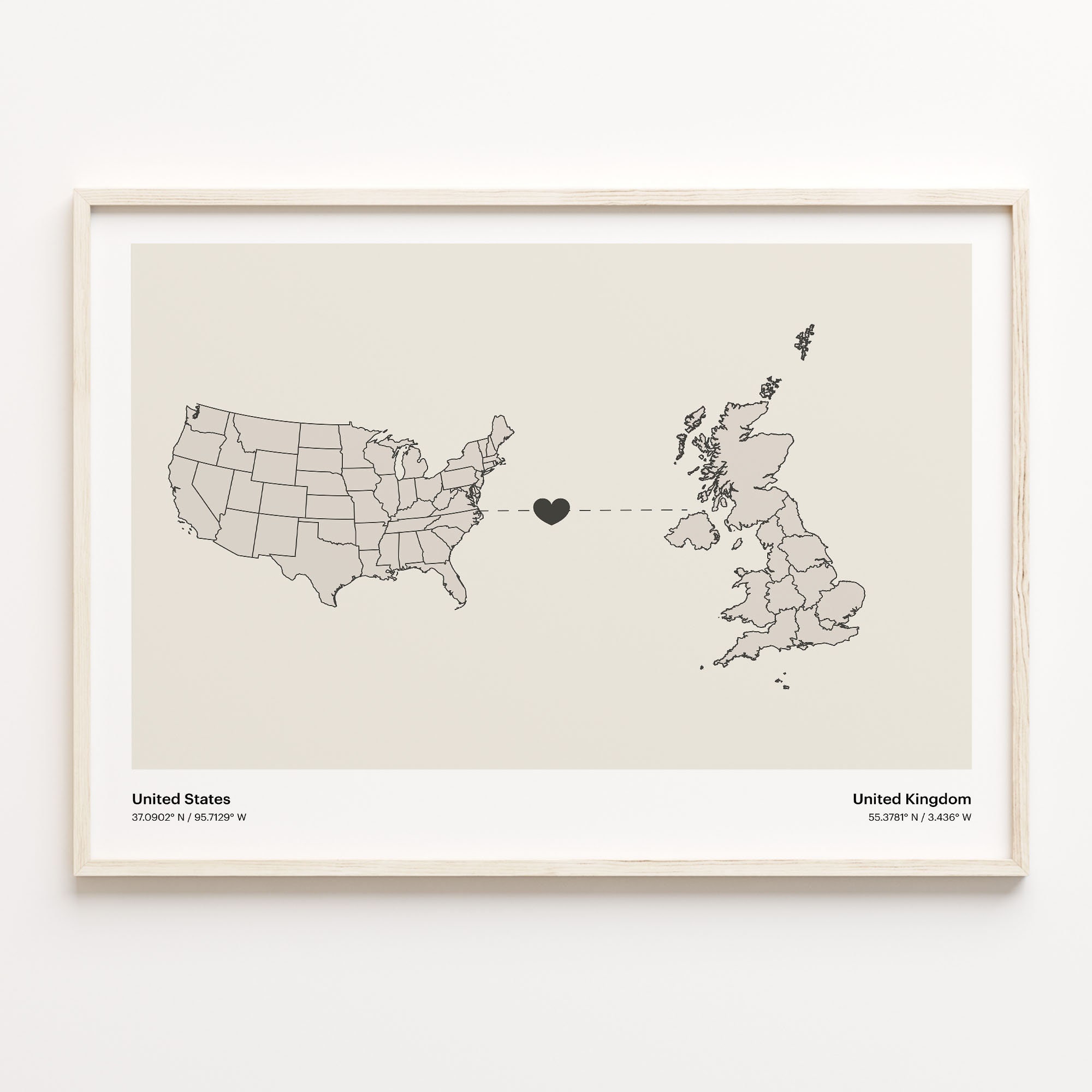 United States to United Kingdom Print, British Gift, Minimalistic Country Connection Map Poster, USA Wall Art, International Love, C21-190