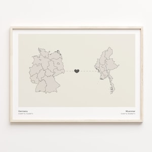 Deutschland to Myanmar Druck, Mosambikanische Geschenk, Minimalistische Land Verbindung Poster, Reise Wandkunst, Länder Herz Geschenk, C21-524