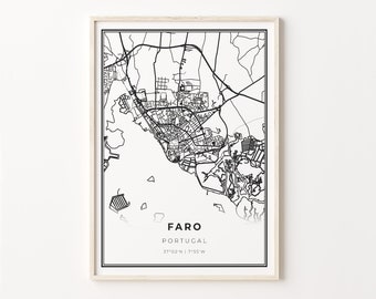 Faro Portugal Map Print: Modern Black and White Wall Art