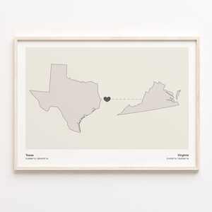 Texas to Virginia Print, Virginian Gift, Minimalistic State Connection Map Poster, Travel Wall Art, Long Distance Map, C21-1293