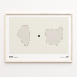Illinois to Ohio Print, Ohioan Gift, Minimalistic State Connection Map Poster, Travel Wall Art, Long Distance Gift, C21-1490