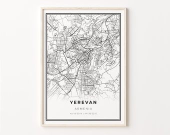 Yerevan City Map Print: Modern Black and White Armenia Wall Art