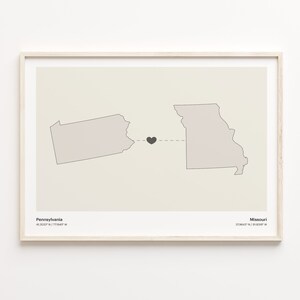 Pennsylvania to Missouri Print, Missourian Gift, Minimalistic State Connection Map Poster, Travel Wall Art, Farewell Gift, C21-1427