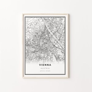 Impressão de Viena, pôster artístico de mapa da cidade, Áustria Viena, decoração de arte de parede, estilo moderno preto e branco, impressão de mapa da cidade, C13-617