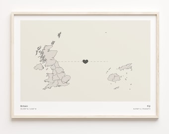 Britain to Fidschi Print, Fidschi Geschenk, Minimalistische Landkarte Poster, Vereinigtes Königreich Kunst, Beziehungskarte, C21-258