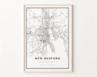 New Bedford Print, City Map Art Poster, Massachusetts MA USA, Wall Art Decor, Modern Black and White Style, Gift For A Marine, C13-209