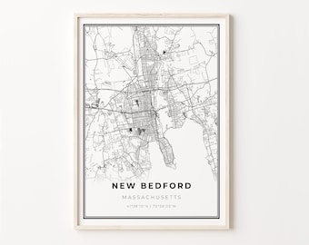 New Bedford Massachusetts Map Art Print: Modern Black and White Wall Decor
