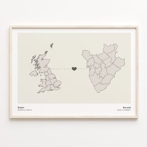 Großbritannien Burundi Druck, Burundi Geschenk, Minimalistische Landkarte Poster, Großbritannien Kunst, Länder Herzkarte, C21-228