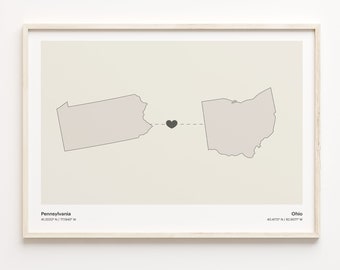 Pennsylvania to Ohio Print, Ohioan Gift, Minimalistic State Connection Map Poster, Travel Wall Art, Emigration, C21-1438